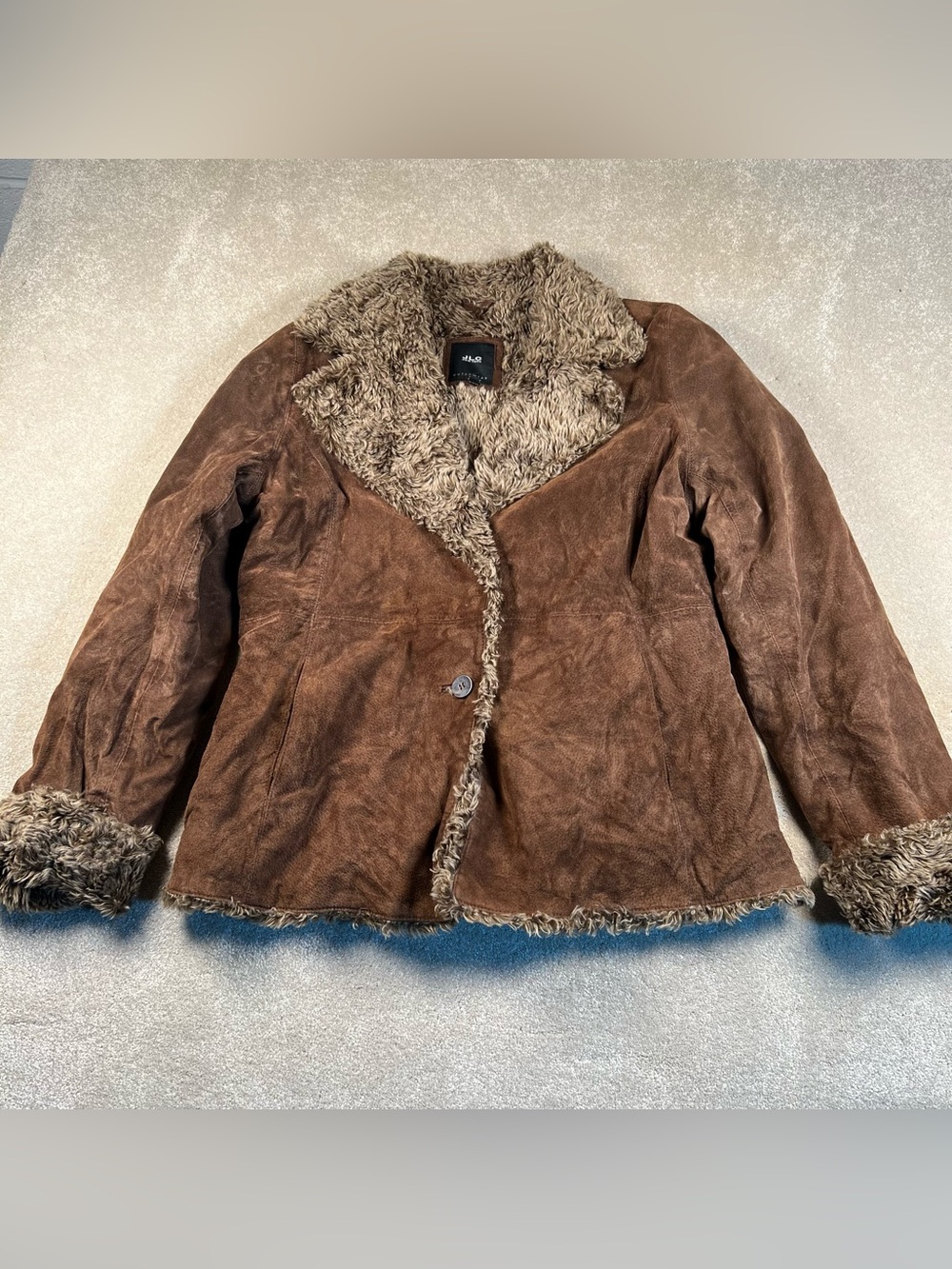 Y2K Vintage Coat Brown Suede Leather Faux Fur Shaggy Button Up JLC New York Lg